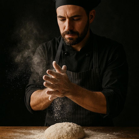Man kneading dough on dark background. Bakery and cooking concept