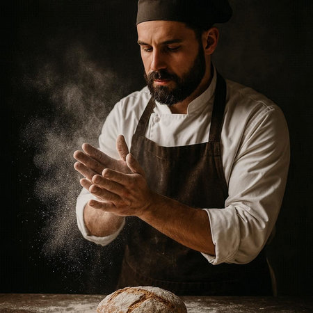 Portrait of a professional baker in apron kneading dough on dark background