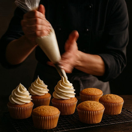 Male pastry chef preparing cupcakes with cream cheese frosting. Dark background.