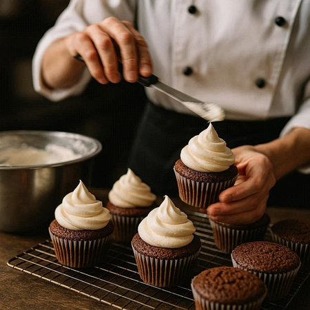 Close-up of female hands decorating cupcakes with cream.