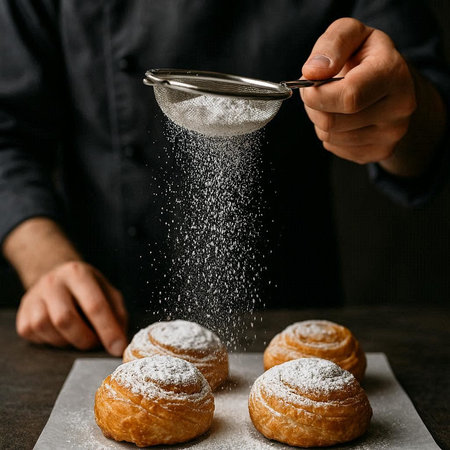 Baker sprinkling sugar powder on fresh croissants, closeup