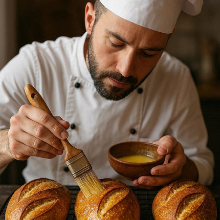 Portrait of a professional male chef in a white uniform and hat decorating bread with a brush.