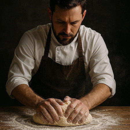 Male chef kneading dough on wooden table over dark background.