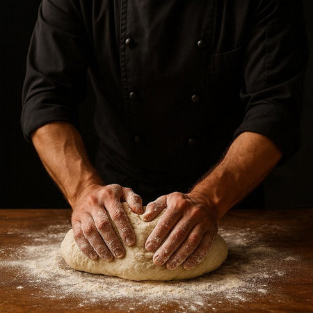 Male hands kneading dough on wooden table over dark background.