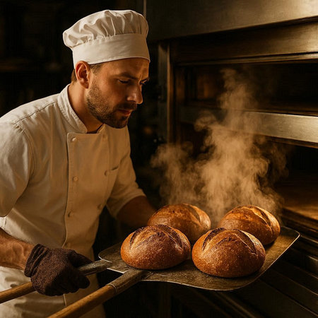 Handsome male baker holding tray with freshly baked bread in oven