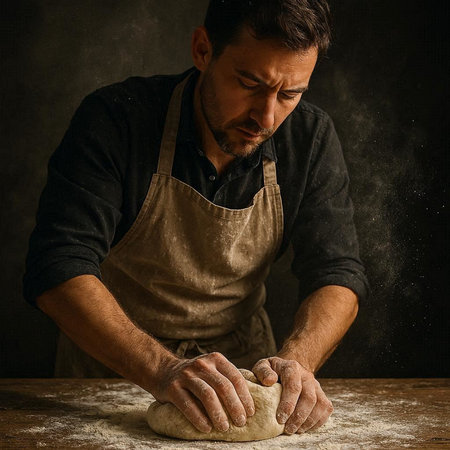 young man kneads dough on wooden table with flour on dark background