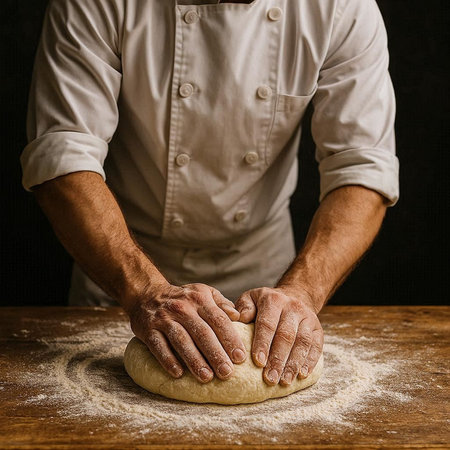 Male hands kneading dough on wooden table over dark background.