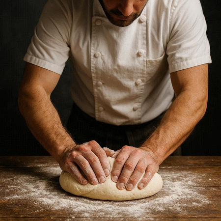 The chef kneads the dough on a wooden table. Toned.