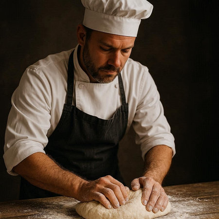 Experienced male chef kneading the dough on a dark background