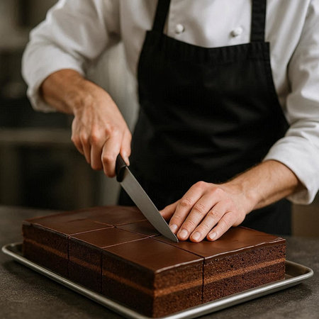 Close-up of the hands of a professional chef cutting a chocolate cake.の写真素材