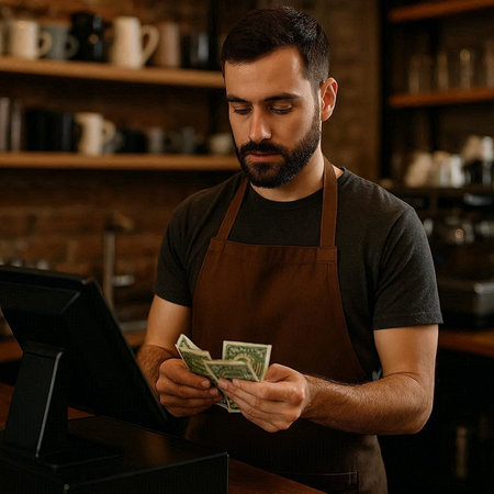 Handsome bearded barista in apron counting money while standing in cafe