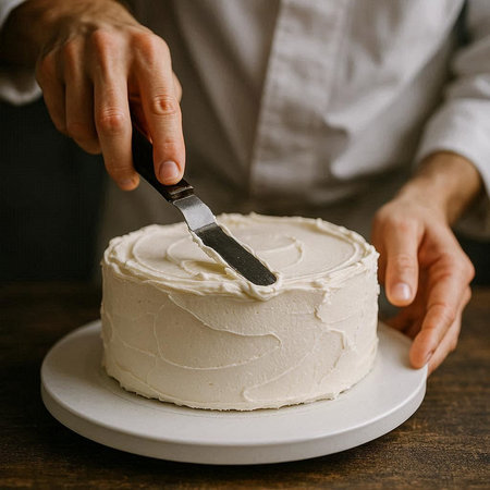 A man in a white shirt cuts a cake with a knife.の写真素材