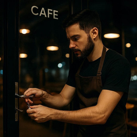 Barista in black apron opening the door of the cafe at night.