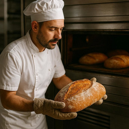 Male baker holding a loaf of bread in his hands in the bakery