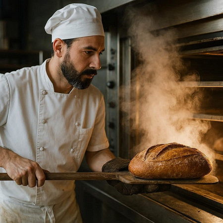 Caucasian male baker holding a loaf of bread in his bakery