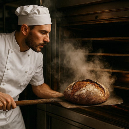 Young male chef cooking bread in the kitchen of a restaurant or hotel
