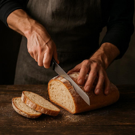 Male hands cutting bread on a wooden table. Dark background. Toned.