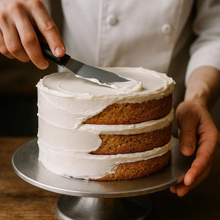 A woman in a white shirt cuts a cake with a knife.