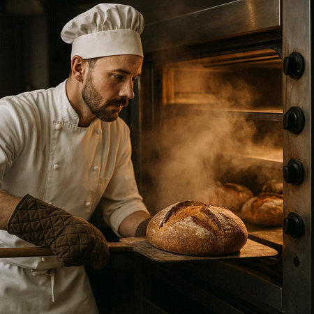 Baker preparing fresh bread in a bakery. Bakery concept.