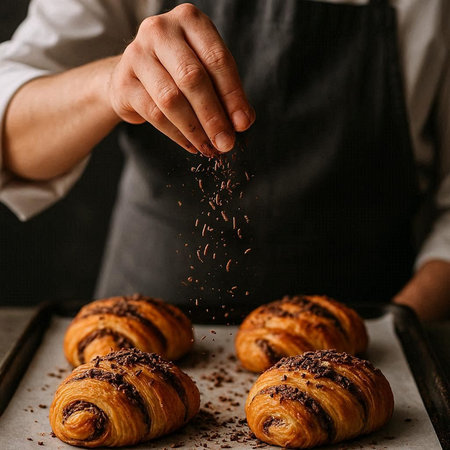 Croissants sprinkled with chocolate chips on a baking sheet, selective focus
