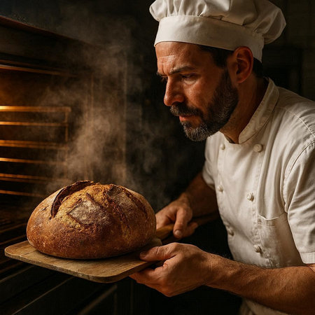 Portrait of a mature male baker cutting bread in a bakery.