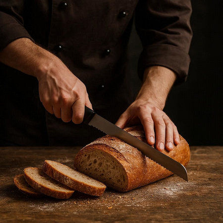Baker cutting bread on a wooden table with a knife. Black background.
