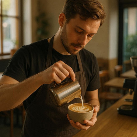 Handsome barista pouring milk into cup of coffee in cafe