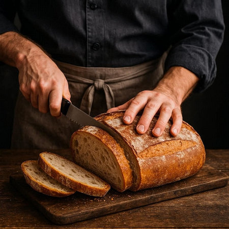 Close-up of a man's hands cutting bread with a knife.
