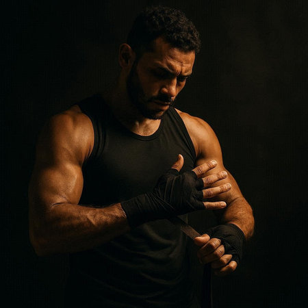 Portrait of a strong muscular man wearing black t-shirt and boxing gloves