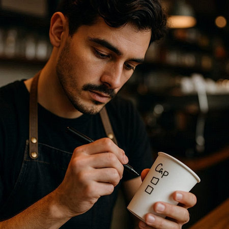 Portrait of a handsome barista holding a cup of coffee.