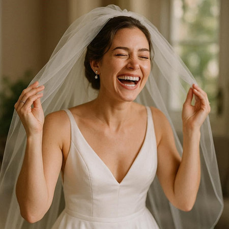 Portrait of a beautiful bride in a white wedding dress indoors.の写真素材