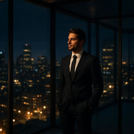 Portrait of a young businessman standing in front of a window at night