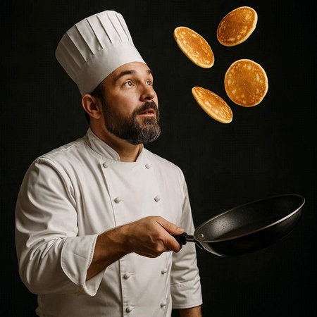 Portrait of a bearded male chef throwing pancake in the air