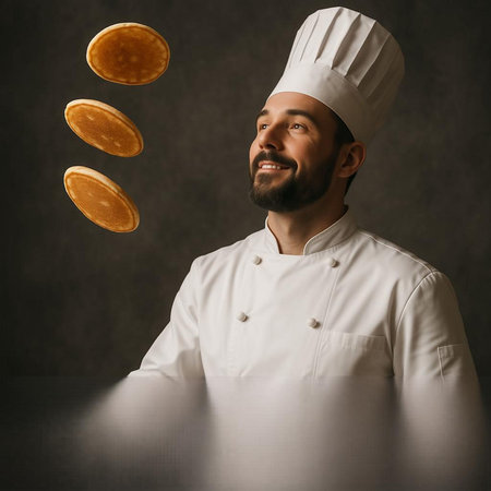 Chef in white uniform flying pancakes on a dark background with copy space