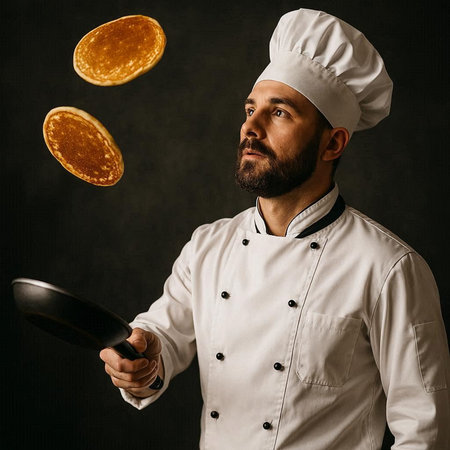 Young bearded male chef holding frying pan and flying pancakes on dark background