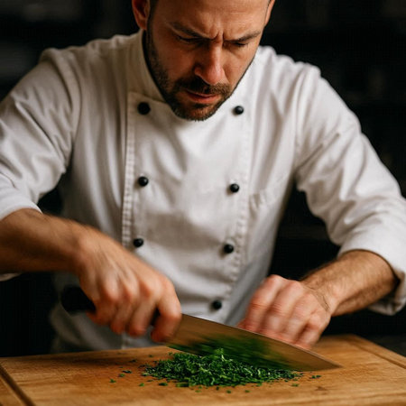 Chef cutting parsley on a wooden board. Close-up.