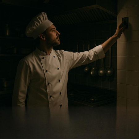 Side view of a young male chef leaning on a wall while standing in the kitchen.