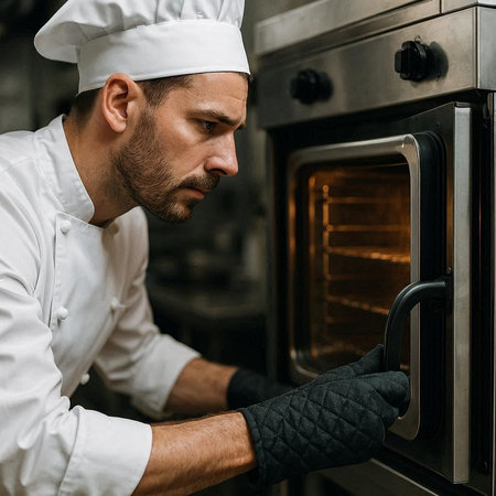 Side view of concentrated male cook in uniform and gloves working in oven