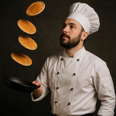 Young bearded male chef throwing pancake in the air on dark background
