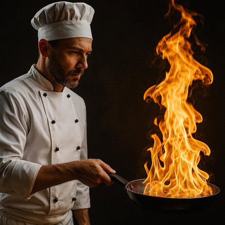 Portrait of a chef with a frying pan on a dark background