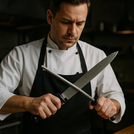 Close-up portrait of a professional chef with a knife in his hands.