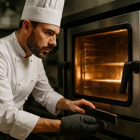 Male chef cooking in a restaurant kitchen. Professional chef working in a restaurant kitchen.