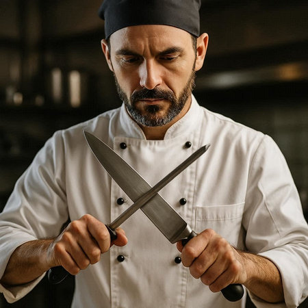 Portrait of a bearded male chef in uniform holding a knife.