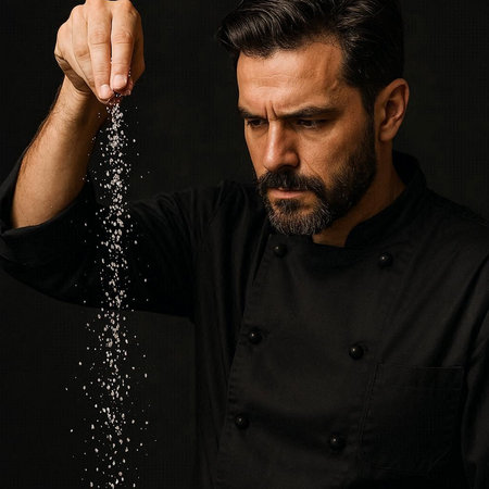 Portrait of a bearded male chef sprinkling sugar on black background