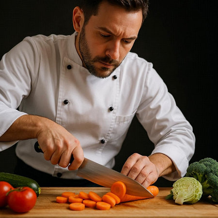 Portrait of a male chef cutting vegetables on a wooden board.