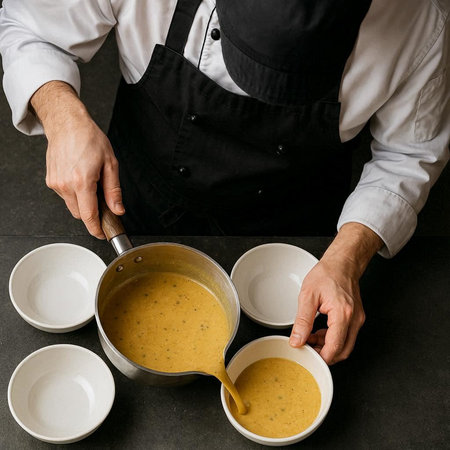Chef in a black apron and white apron is preparing a soup.