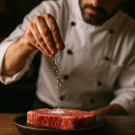 Chef sprinkling salt on raw meat in restaurant kitchen, closeupの写真素材