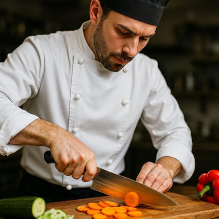 Chef cutting vegetables in a restaurant kitchen. Chef cutting vegetables in a restaurant kitchen.