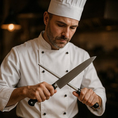 Portrait of a confident male chef in uniform holding a knife.