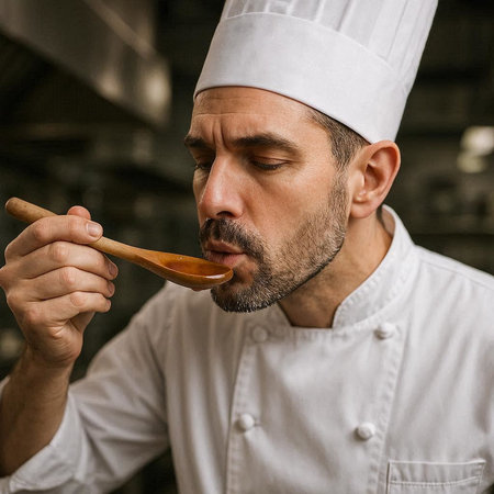 Portrait of a male chef in the kitchen of a restaurant.の写真素材